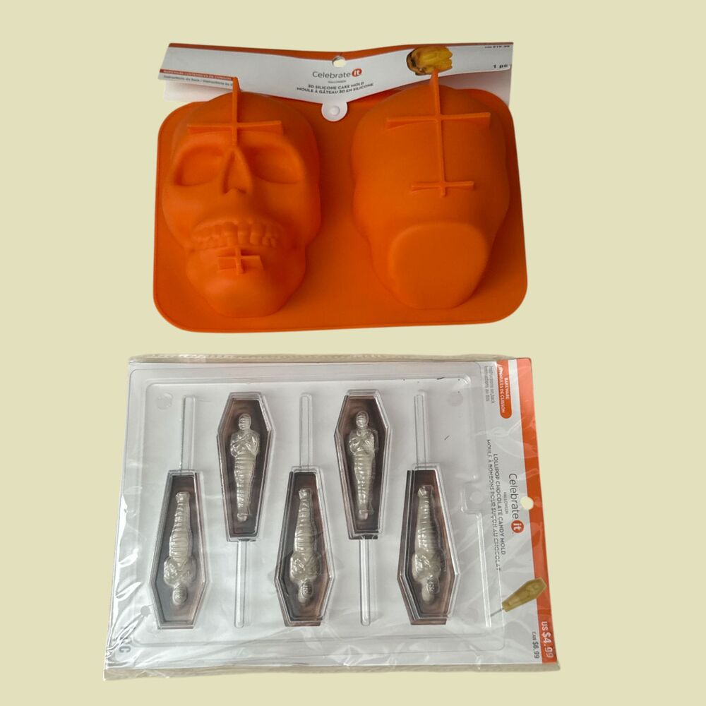Celebrate It Halloween Skull Cake Mold & Mummy Coffin Candy Mold Lot of 2 New